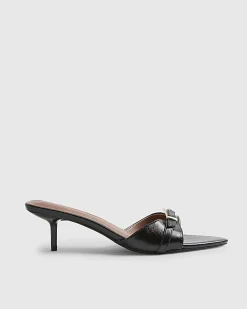 Black Buckle Pointed Heeled Mules