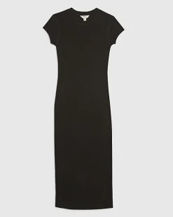 Black Cap Sleeve Ribbed Midi Dress