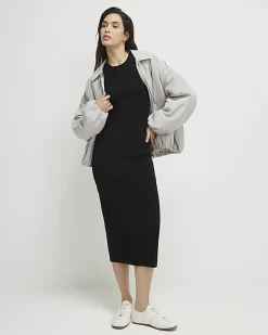 Black Cap Sleeve Ribbed Midi Dress