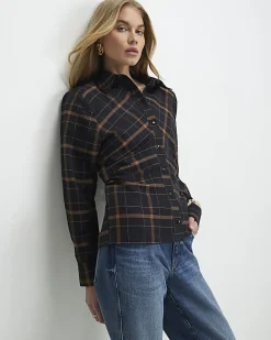Black Check Shoulder Pad Shirt