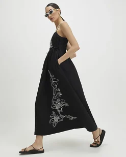 Black Cotton Broderie Tie Side Midi Dress