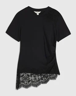Black Cotton Short Sleeve Lace Aysmmetric Top