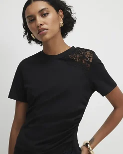 Black Cotton Short Sleeve Lace Aysmmetric Top