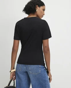 Black Cotton Short Sleeve Lace Aysmmetric Top
