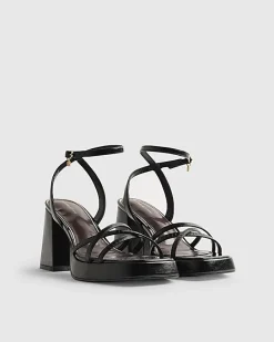 Black Cross Strap Block Heeled Sandals