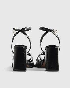 Black Cross Strap Block Heeled Sandals