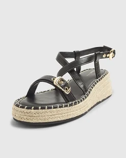 Black Cross Strap Sling Back Wedge Sandals