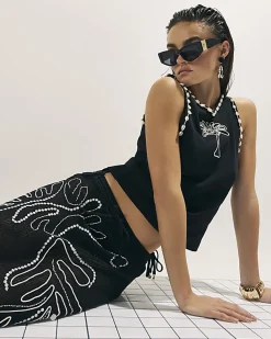 Black Cutwork Palm Tree Ribbed Vest Top