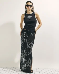Black Cutwork Palm Tree Ribbed Vest Top