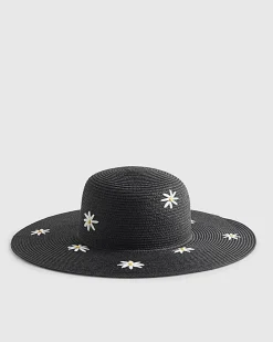 Black Daisy Floppy Straw Hat