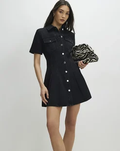 Black Denim Pleat Front Mini Dress