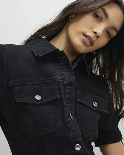 Black Denim Pleat Front Mini Dress