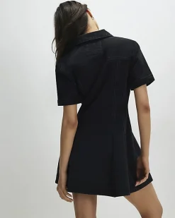 Black Denim Pleat Front Mini Dress