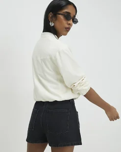 Black Elasticated A Line Denim Shorts