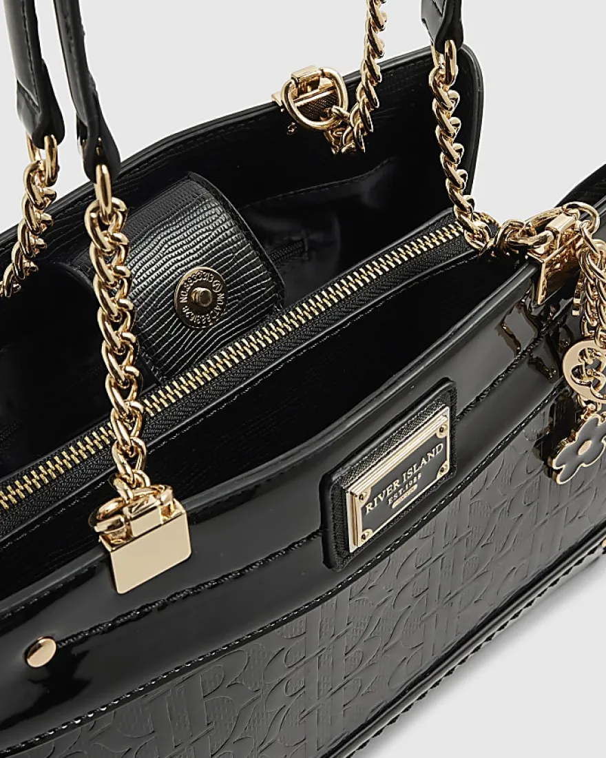 Black Embossed Monogram Chain Shoulder Bag