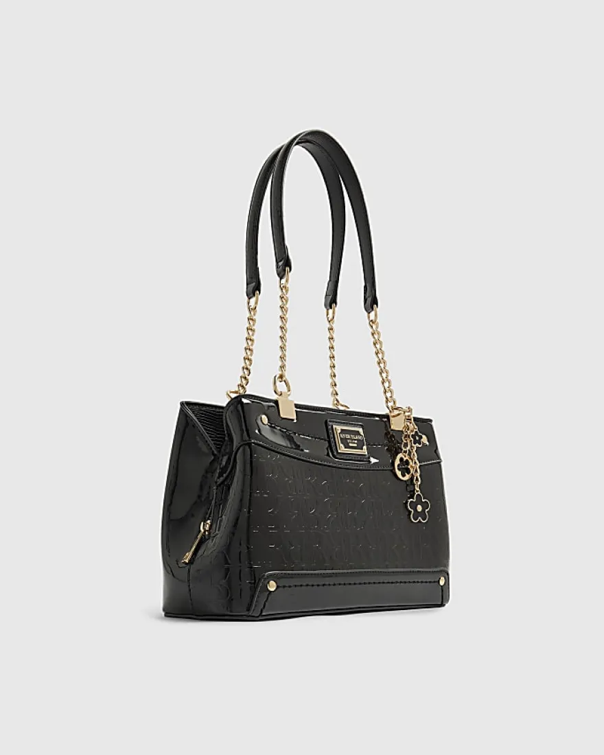 Black Embossed Monogram Chain Shoulder Bag