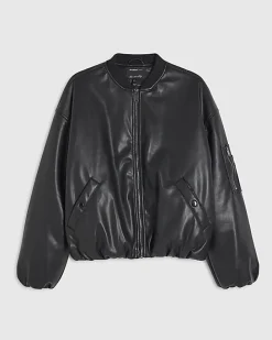Black Faux Leather Bomber Jacket