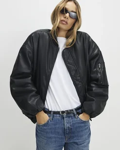 Black Faux Leather Bomber Jacket
