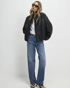 Black Faux Leather Bomber Jacket