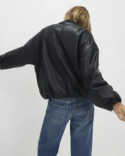 Black Faux Leather Bomber Jacket