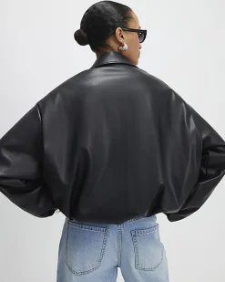 Black Faux Leather Bubble Hem Bomber Jacket