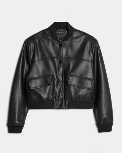 Black Faux Leather Cropped Bomber Jacket