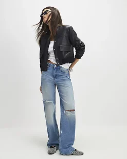 Black Faux Leather Cropped Bomber Jacket