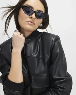 Black Faux Leather Cropped Bomber Jacket