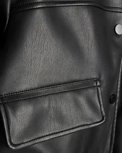 Black Faux Leather Cropped Bomber Jacket