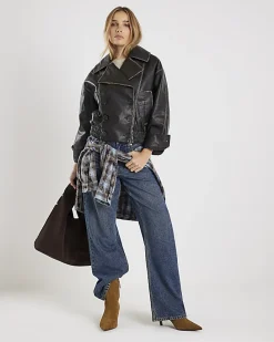 Black Faux Leather Double Breasted Jacket