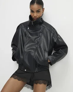 Black Faux Leather Funnel Neck Biker Jacket