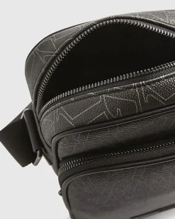 Black Faux Leather Monogram Cross Body Bag