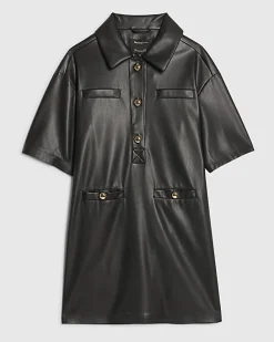 Black Faux Leather Pocket Detail Shirt Dress