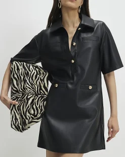 Black Faux Leather Pocket Detail Shirt Dress