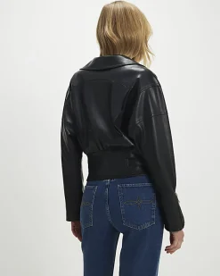 Black Faux Leather Waisted Biker Jacket