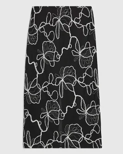 Black Floral Embroidered Midi Skirt