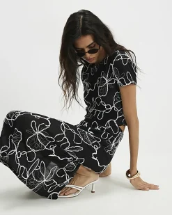 Black Floral Embroidered Midi Skirt