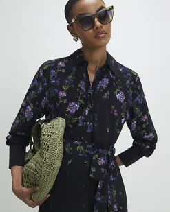 Black Floral Midi Shirt Dress