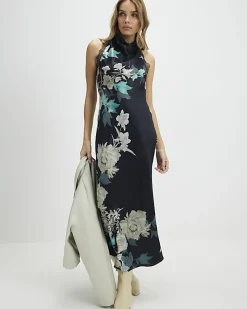 Black Floral Print Lace Trim Slip Dress