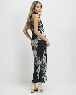 Black Floral Print Lace Trim Slip Dress