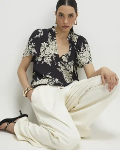 Black Floral Short Sleeve Top