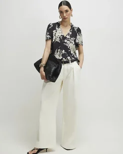 Black Floral Short Sleeve Top