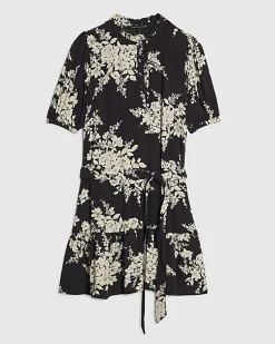 Black Floral Short Sleeve Belted Mini Dress