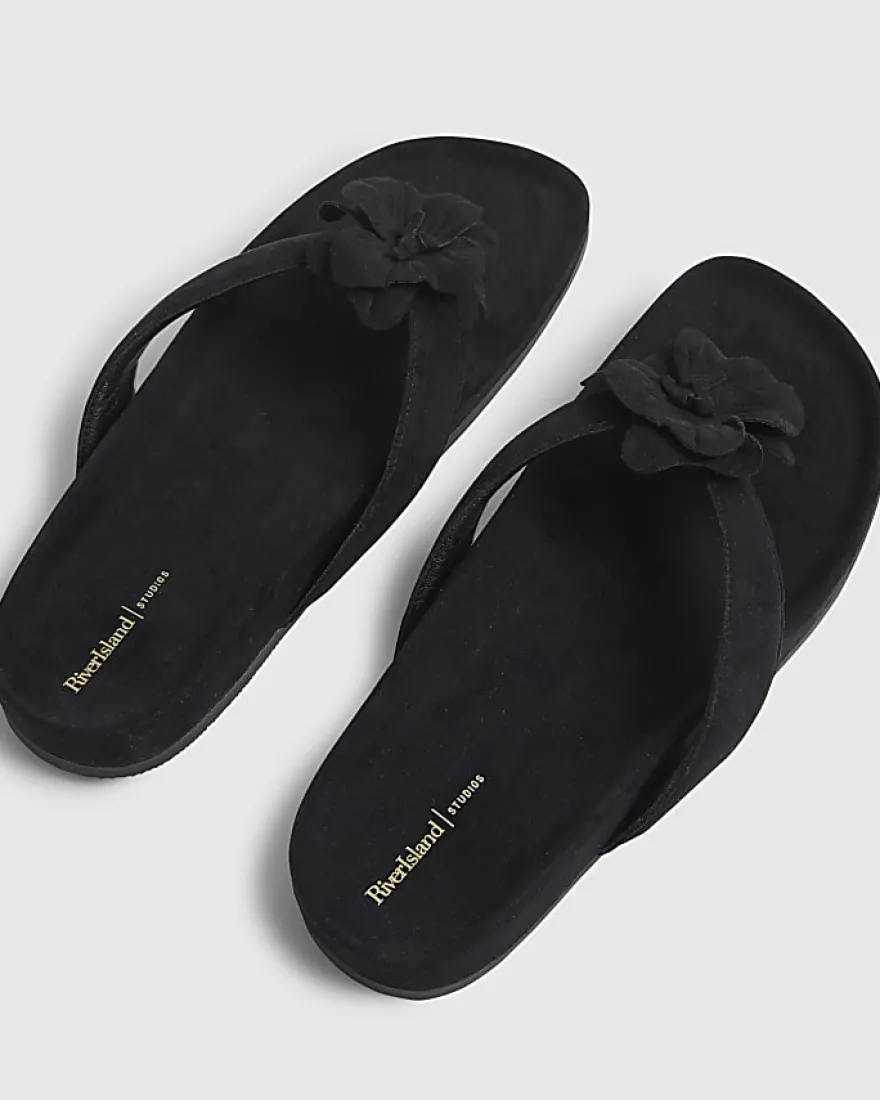 Black Flower Toe Thong Flat Sandals
