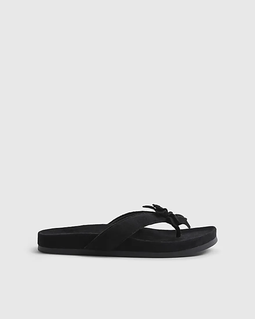 Black Flower Toe Thong Flat Sandals