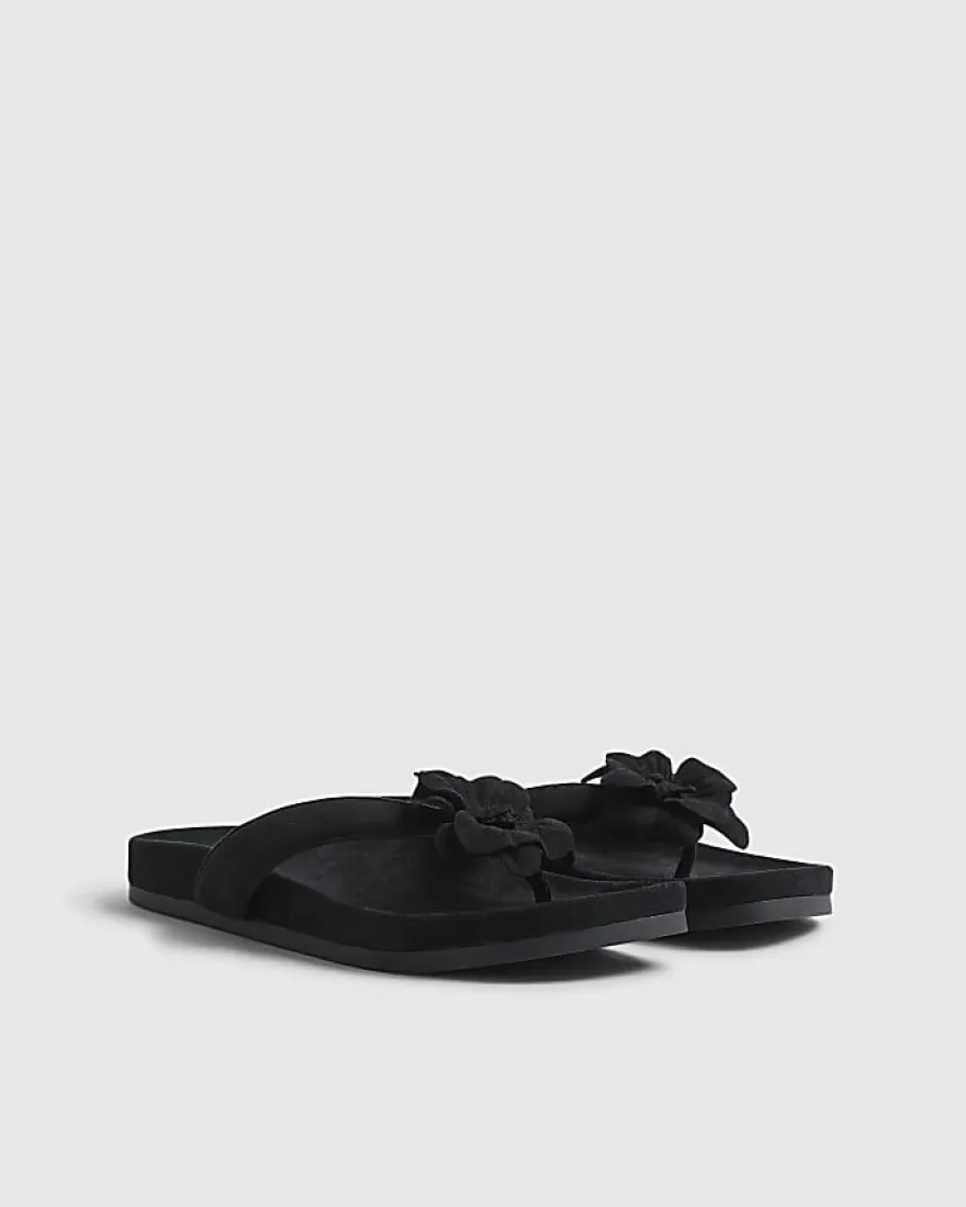 Black Flower Toe Thong Flat Sandals