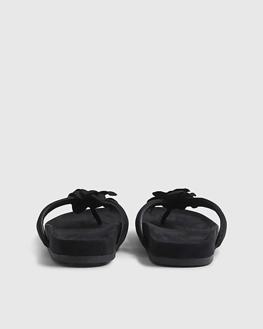 Black Flower Toe Thong Flat Sandals