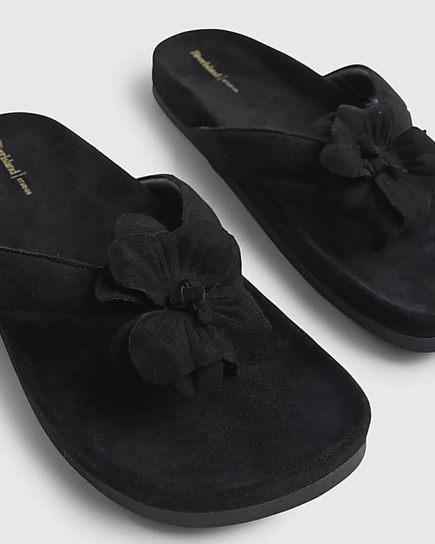 Black Flower Toe Thong Flat Sandals