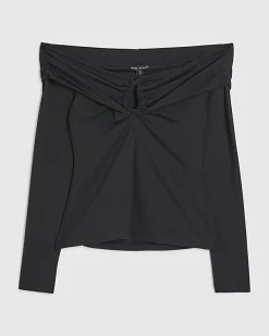 Black Fold Over Long Sleeve Bardot Top