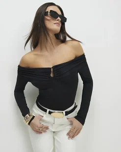 Black Fold Over Long Sleeve Bardot Top